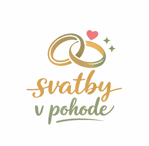 rafické logo s motivem dvou propletených zlatých snubních prstenů, nad kterými je malé růžové srdíčko a dvě hvězdičky. Pod symbolem je stylovým psaným písmem vyveden název „svatby v pohodě“ v oranžové a zelené barvě.